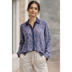 Sundance 100% Silk Floral Button-Up Blouse Size M Blue Boho Lightweight Shirt